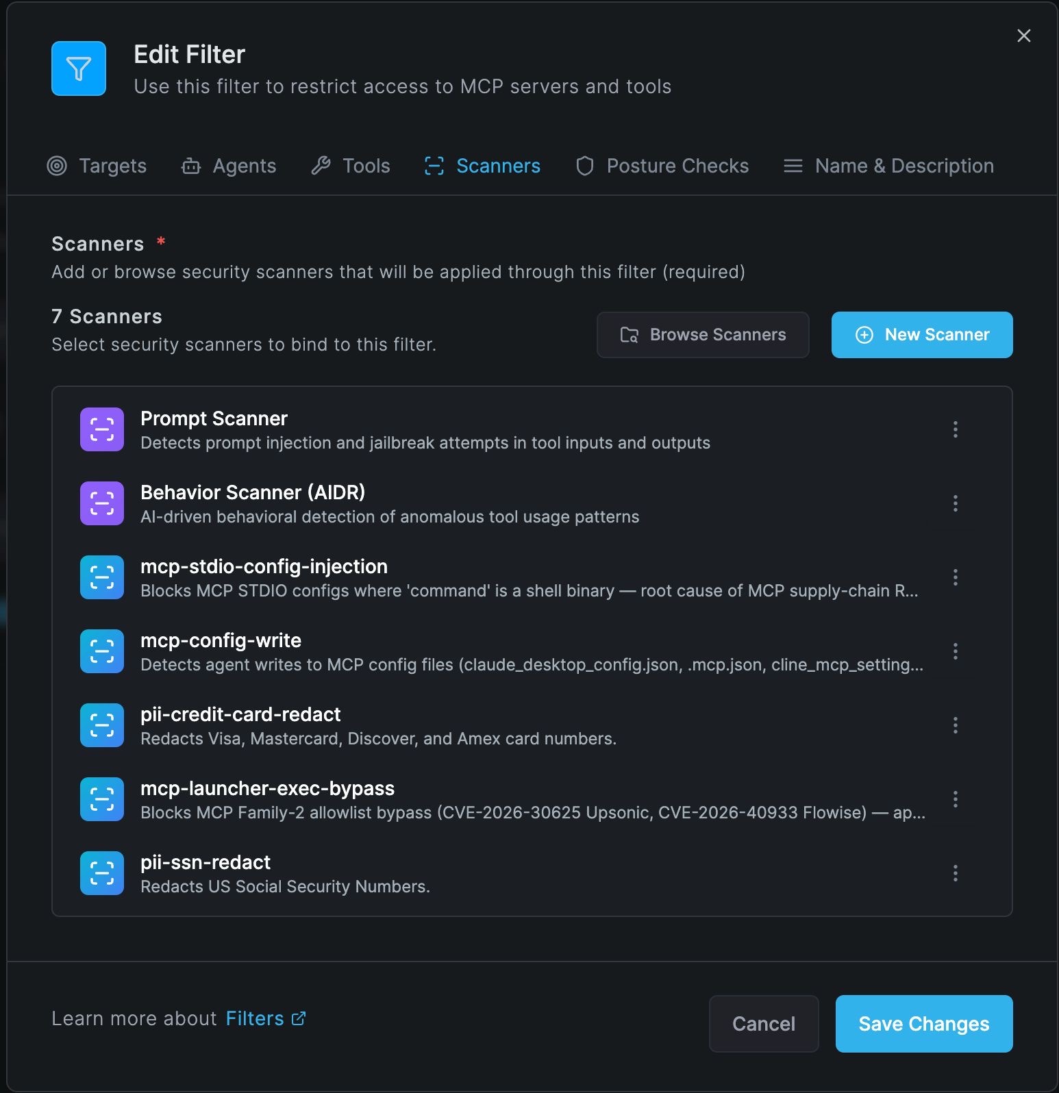 AIDR Edit Filter — Scanners tab showing the three MCP signatures attached alongside Prompt Scanner, Behavior Scanner (AIDR), pii-ssn-redact, and pii-credit-card-redact.